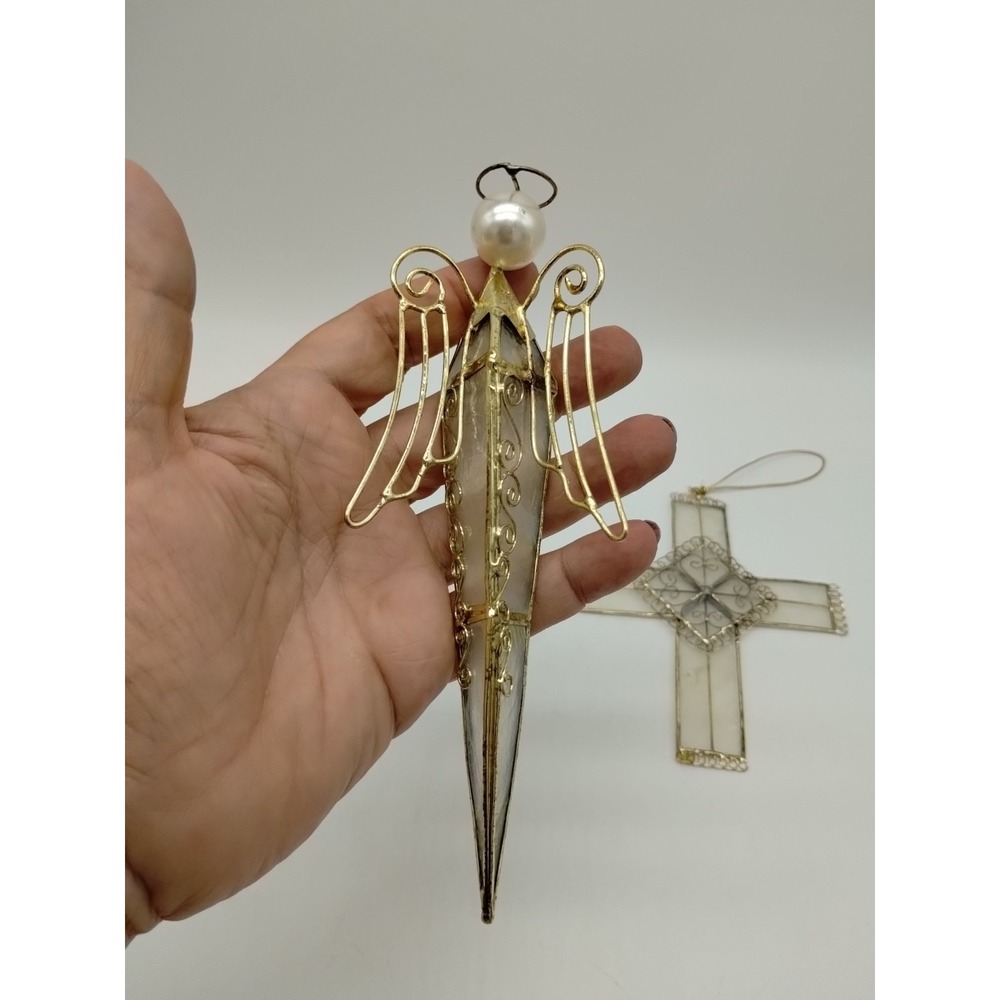 Set Of 3 Stain Glass Look Christmas Ornaments Angel Cross Made From Shell? - Picture 8 of 14